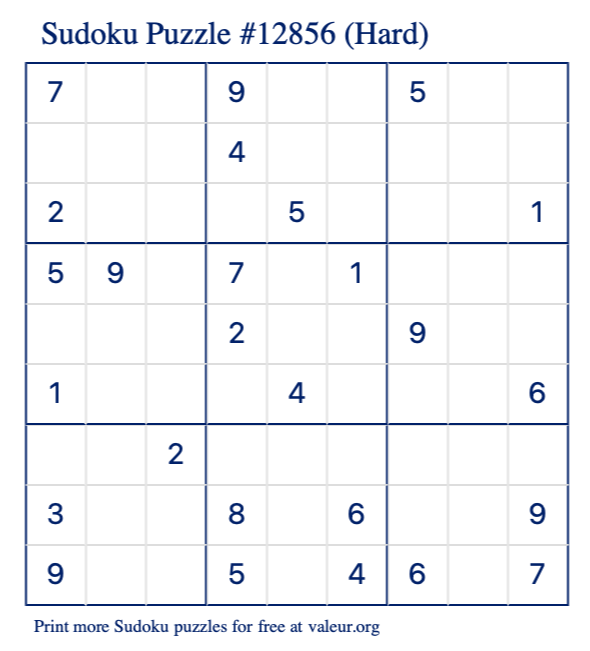 Free Printable Hard Sudoku Puzzle number 12856