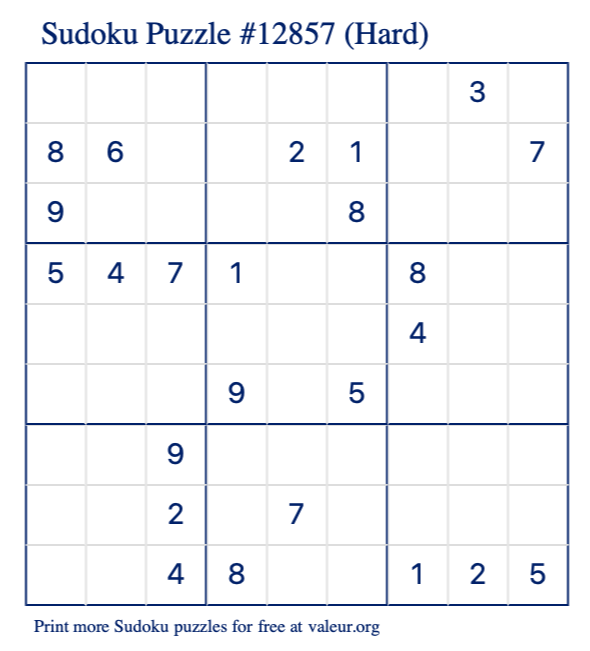 Free Printable Hard Sudoku Puzzle number 12857