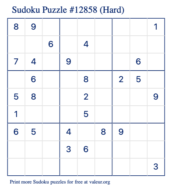 Free Printable Hard Sudoku Puzzle number 12858