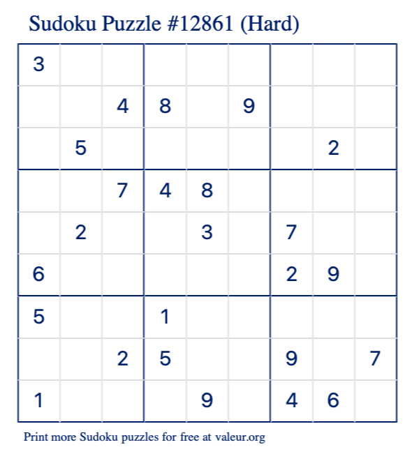 Free Printable Hard Sudoku Puzzle number 12861