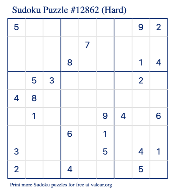 Free Printable Hard Sudoku Puzzle number 12862