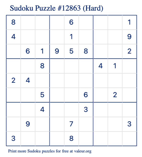 Free Printable Hard Sudoku Puzzle number 12863