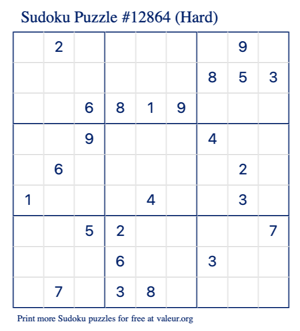 Free Printable Hard Sudoku Puzzle number 12864