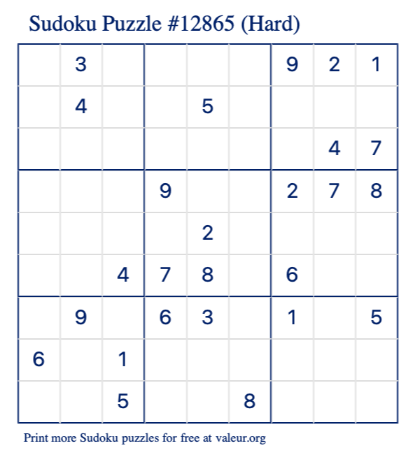 Free Printable Hard Sudoku Puzzle number 12865