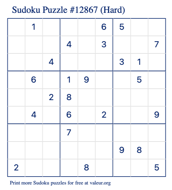 Free Printable Hard Sudoku Puzzle number 12867