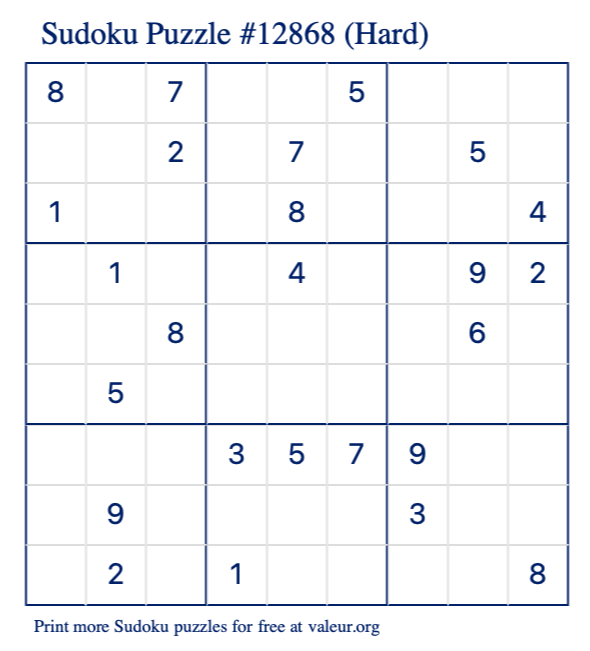 Free Printable Hard Sudoku Puzzle number 12868