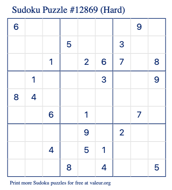 Free Printable Hard Sudoku Puzzle number 12869