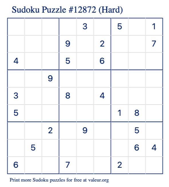 Free Printable Hard Sudoku Puzzle number 12872