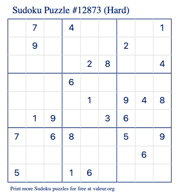 Free Printable Hard Sudoku Puzzle number 12873