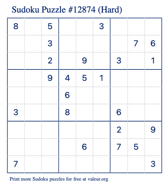 Free Printable Hard Sudoku Puzzle number 12874