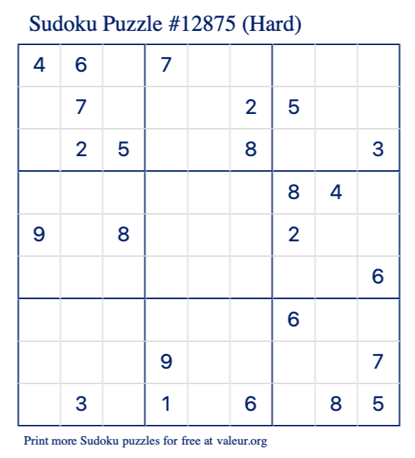 Free Printable Hard Sudoku Puzzle number 12875