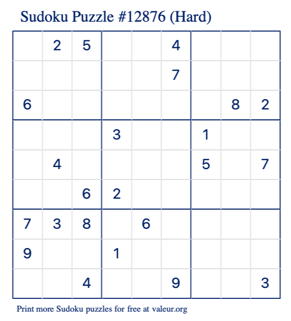Free Printable Hard Sudoku Puzzle number 12876