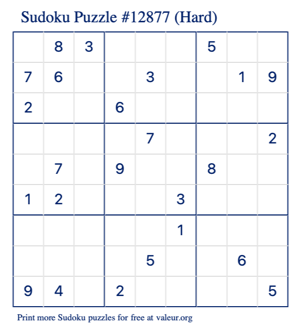 Free Printable Hard Sudoku Puzzle number 12877
