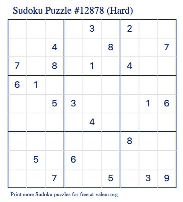 Free Printable Hard Sudoku Puzzle number 12878