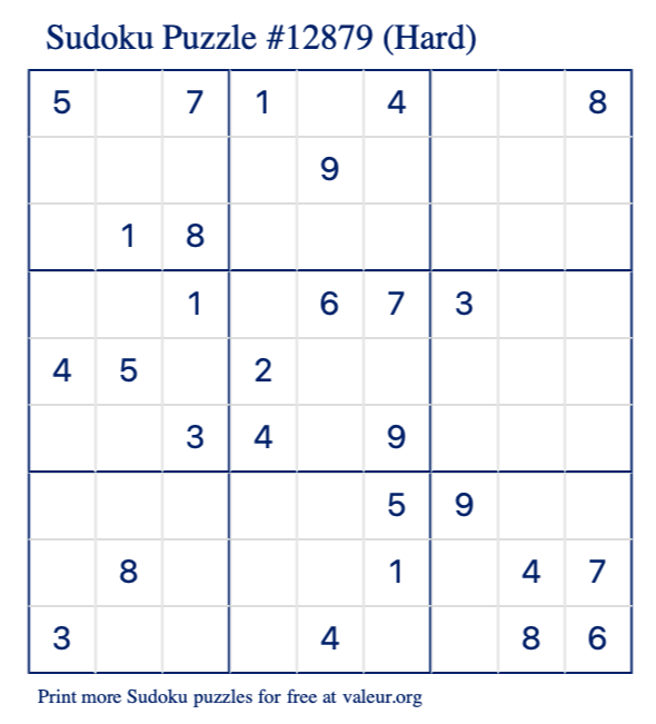 Free Printable Hard Sudoku Puzzle number 12879
