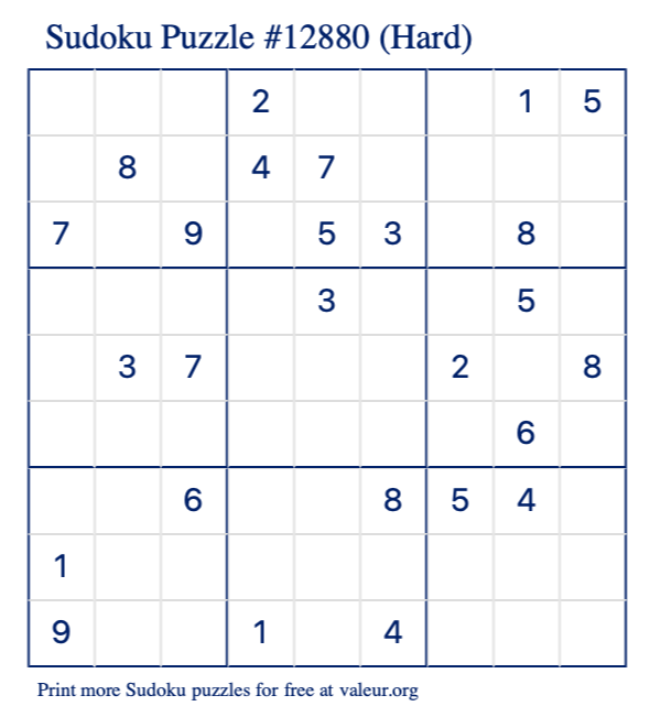 Free Printable Hard Sudoku Puzzle number 12880