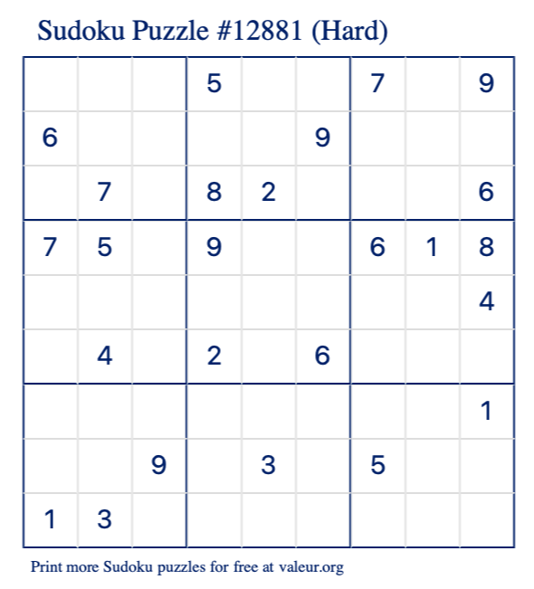 Free Printable Hard Sudoku Puzzle number 12881