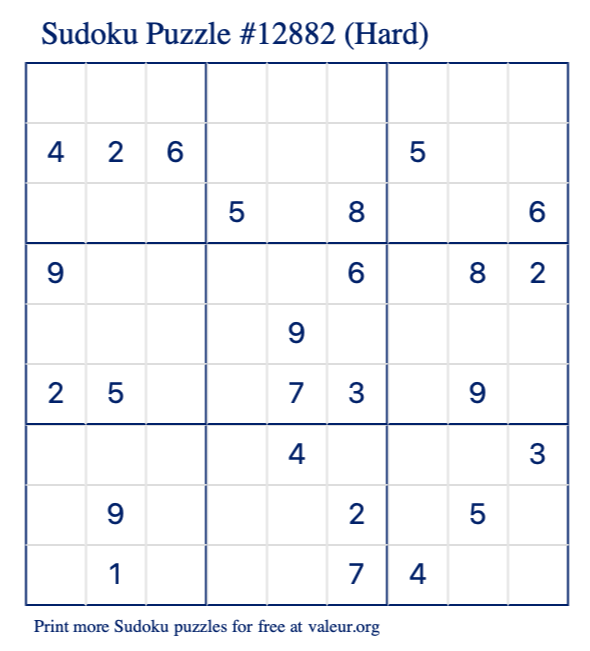 Free Printable Hard Sudoku Puzzle number 12882