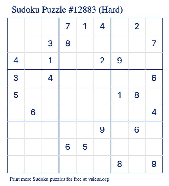 Free Printable Hard Sudoku Puzzle number 12883