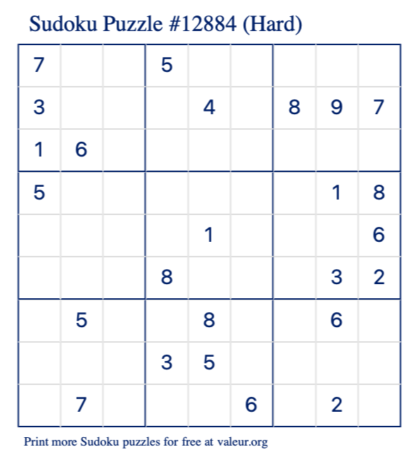 Free Printable Hard Sudoku Puzzle number 12884