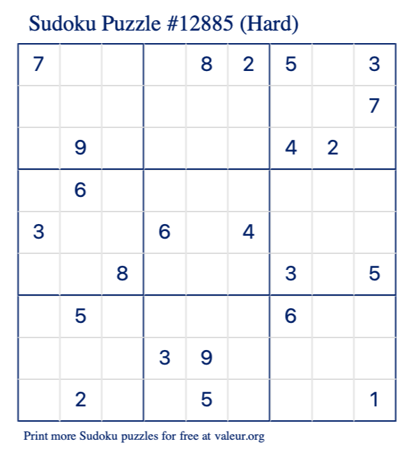 Free Printable Hard Sudoku Puzzle number 12885