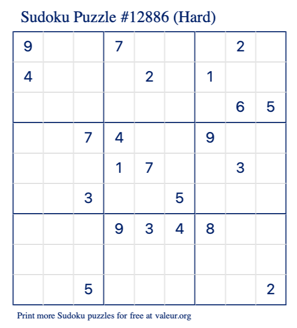 Free Printable Hard Sudoku Puzzle number 12886
