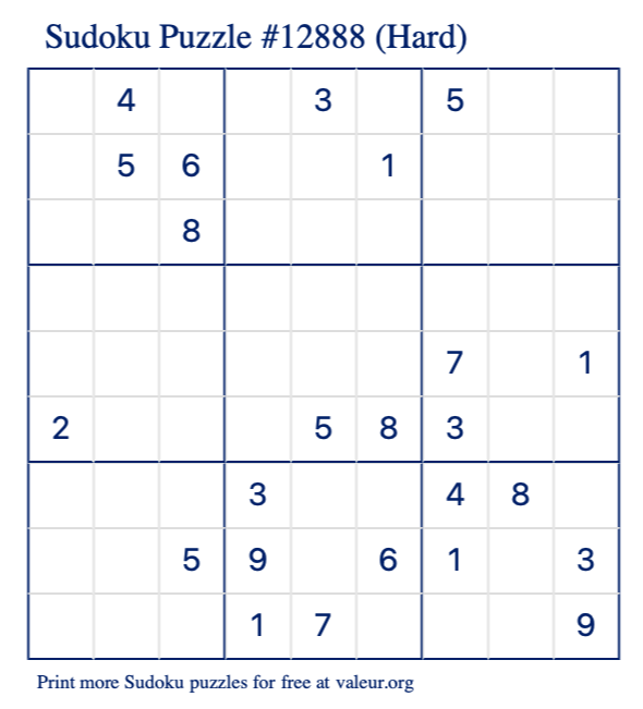 Free Printable Hard Sudoku Puzzle number 12888