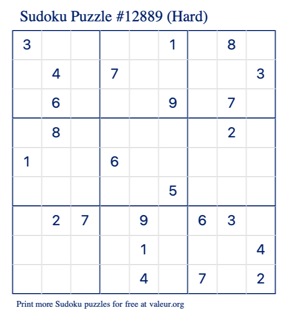 Free Printable Hard Sudoku Puzzle number 12889