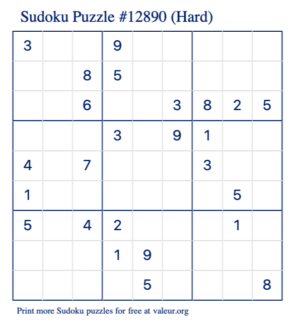 Free Printable Hard Sudoku Puzzle number 12890