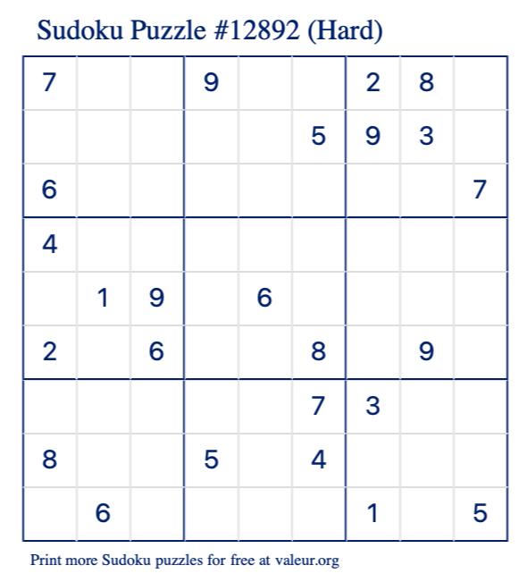 Free Printable Hard Sudoku Puzzle number 12892
