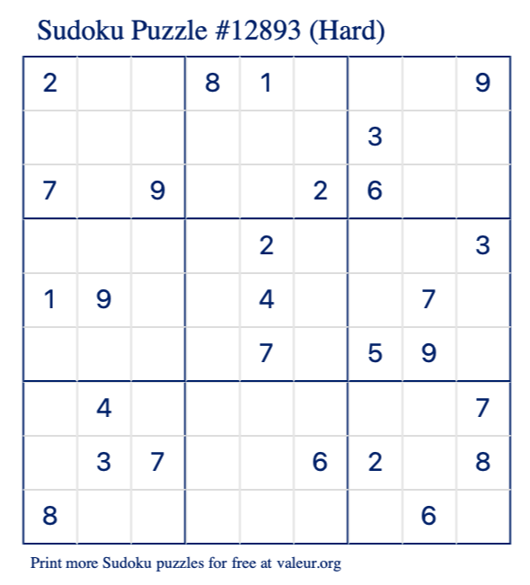 Free Printable Hard Sudoku Puzzle number 12893