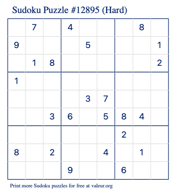 Free Printable Hard Sudoku Puzzle number 12895