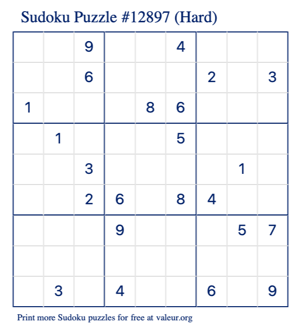 Free Printable Hard Sudoku Puzzle number 12897