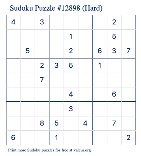 Free Printable Hard Sudoku Puzzle number 12898