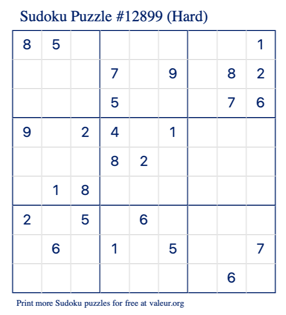 Free Printable Hard Sudoku Puzzle number 12899
