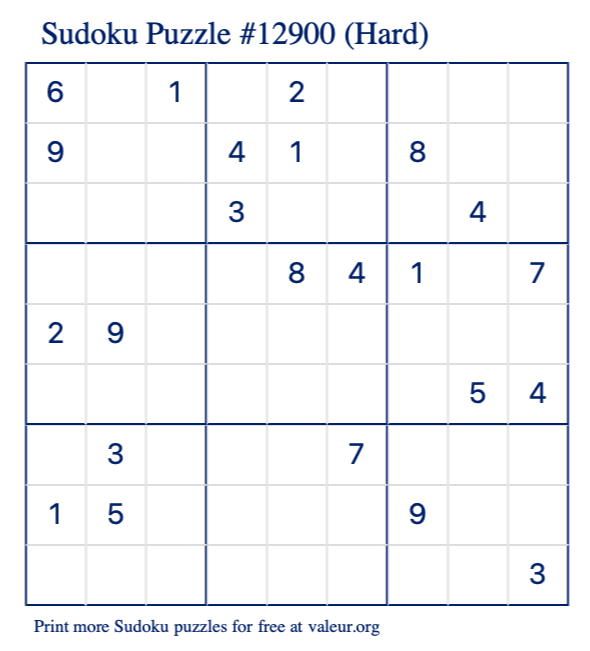 Free Printable Hard Sudoku Puzzle number 12900