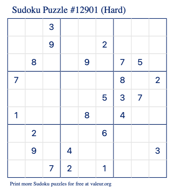 Free Printable Hard Sudoku Puzzle number 12901