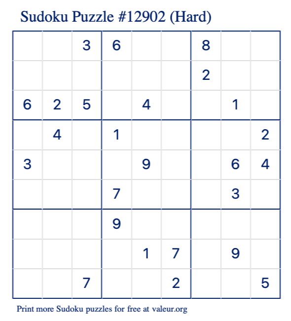Free Printable Hard Sudoku Puzzle number 12902