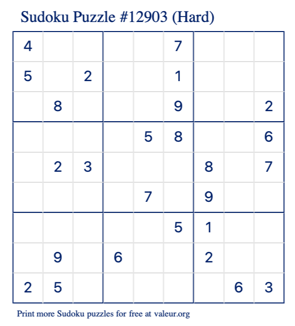 Free Printable Hard Sudoku Puzzle number 12903