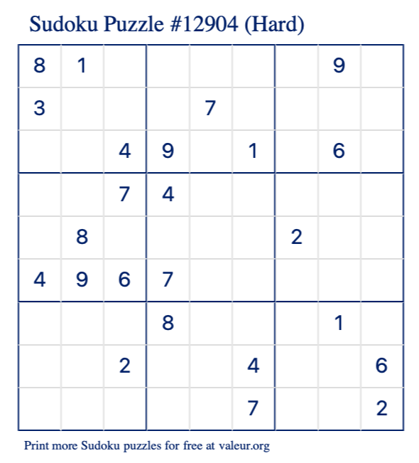 Free Printable Hard Sudoku Puzzle number 12904