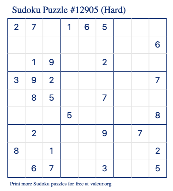 Free Printable Hard Sudoku Puzzle number 12905