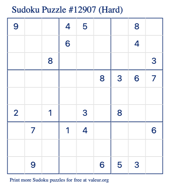 Free Printable Hard Sudoku Puzzle number 12907