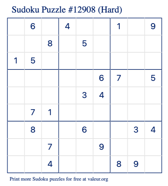 Free Printable Hard Sudoku Puzzle number 12908