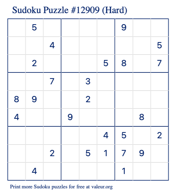 Free Printable Hard Sudoku Puzzle number 12909