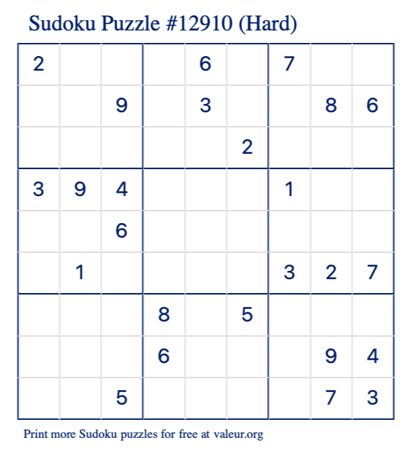 Free Printable Hard Sudoku Puzzle number 12910