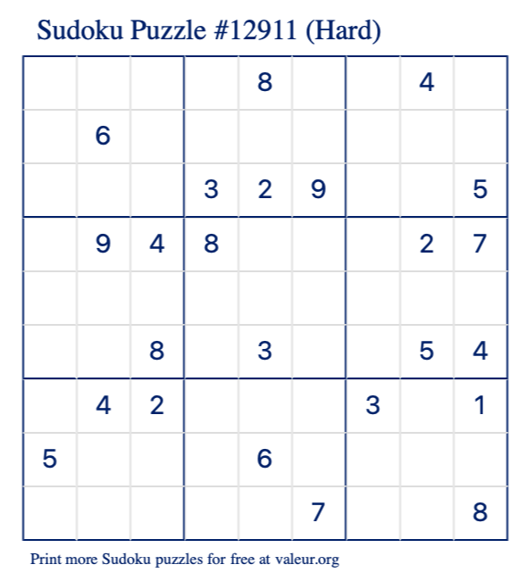 Free Printable Hard Sudoku Puzzle number 12911