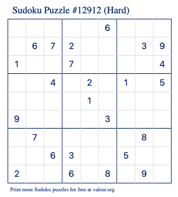 Free Printable Hard Sudoku Puzzle number 12912