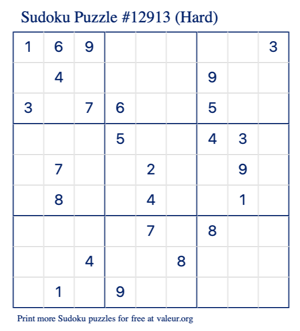 Free Printable Hard Sudoku Puzzle number 12913