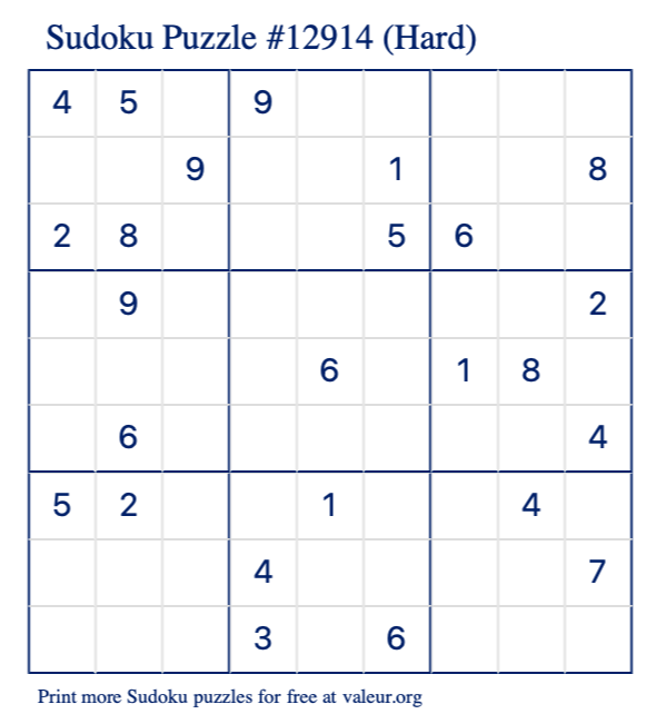 Free Printable Hard Sudoku Puzzle number 12914
