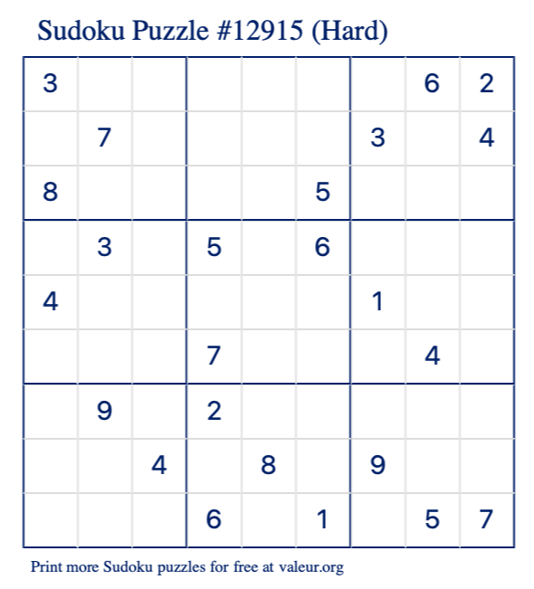 Free Printable Hard Sudoku Puzzle number 12915